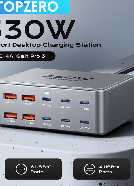 330W GaN 10 port desktop charging station UK
