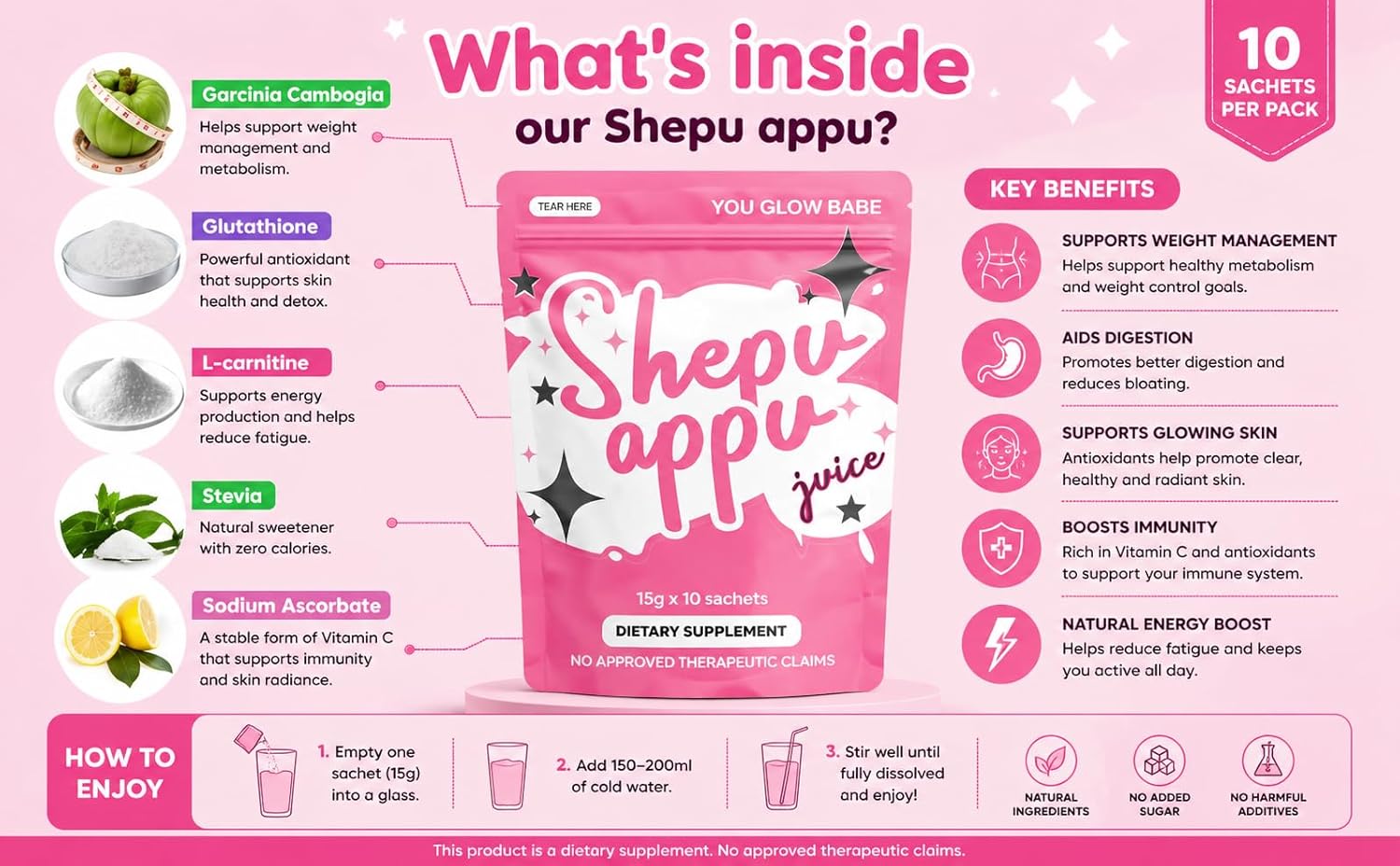 Shepu Appu Juice Powder – Gut Health & Digestion Drink | Energy Boost, Weight Management & Skin Glow Support | 10 x 15g Sachets | No Added Sugar