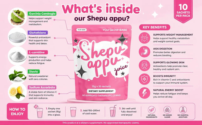 Shepu Appu Juice Powder – Gut Health & Digestion Drink | Energy Boost, Weight Management & Skin Glow Support | 10 x 15g Sachets | No Added Sugar | Daily Wellness Supplement