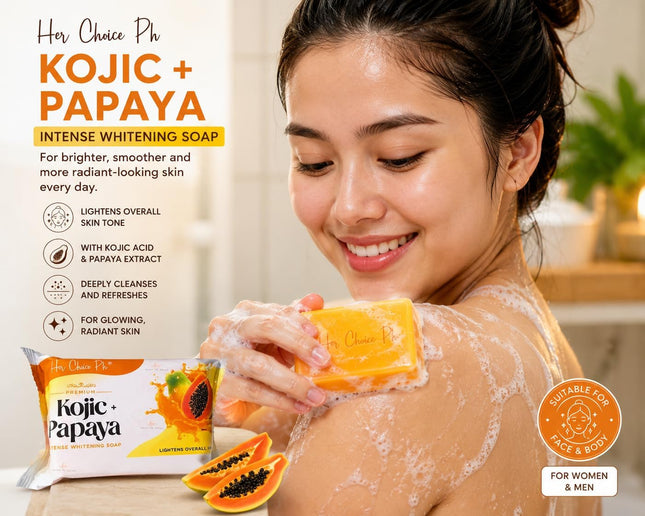 Her Choice Premium Kojic & Papaya Intense Whitening Soap 120g – Skin Brightening Soap Bar for Dark Spots, Acne Marks, Hyperpigmentation, Uneven Skin Tone, Glowing Radiant Skin, Face & Body Whitening
