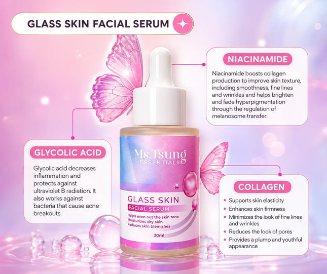 Ms Tsung Glass Skin Facial Serum 30ml – Hydrating & Brightening Face Serum for Smooth, Radiant Glass Skin, Lightweight Daily Skincare