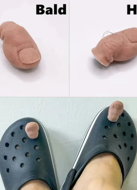 Close-up of PVC 3D foot design shoe charm inserted in Crocs hole