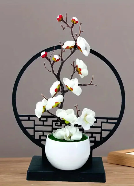 1set Chinese-Inspired Artificial Plum Blossom Bonsai with Screen Base - Versatile Tabletop Decor for Various Rooms, Ideal for